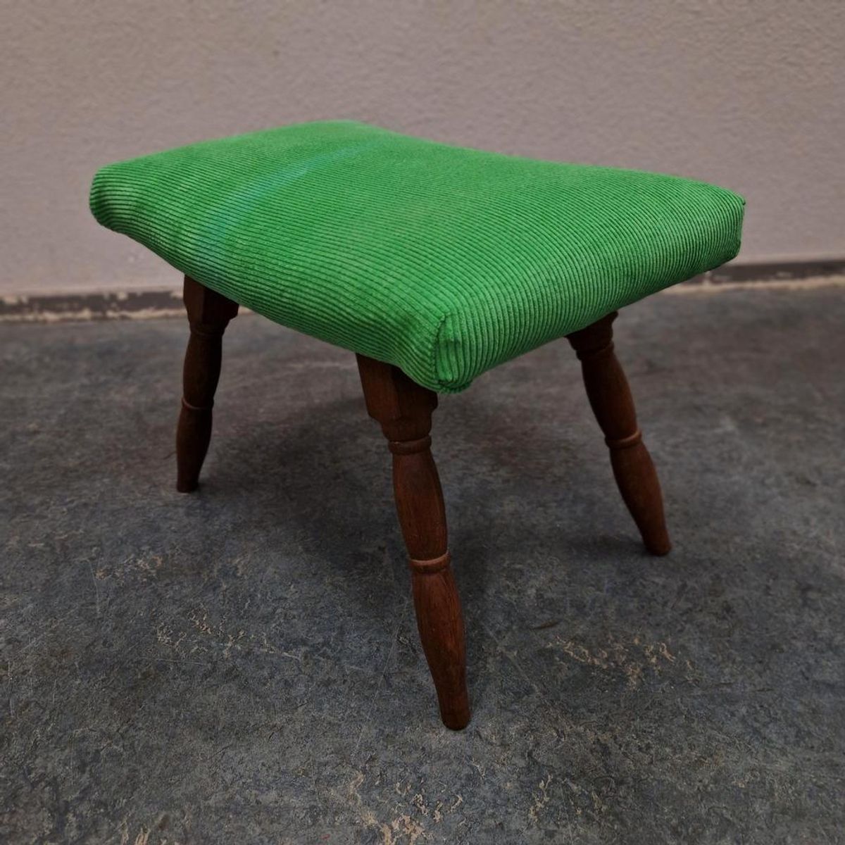 Vintage Voetenbank Jaren 60 / 70 Nieuw Bekleed Groene Ribstof image 3