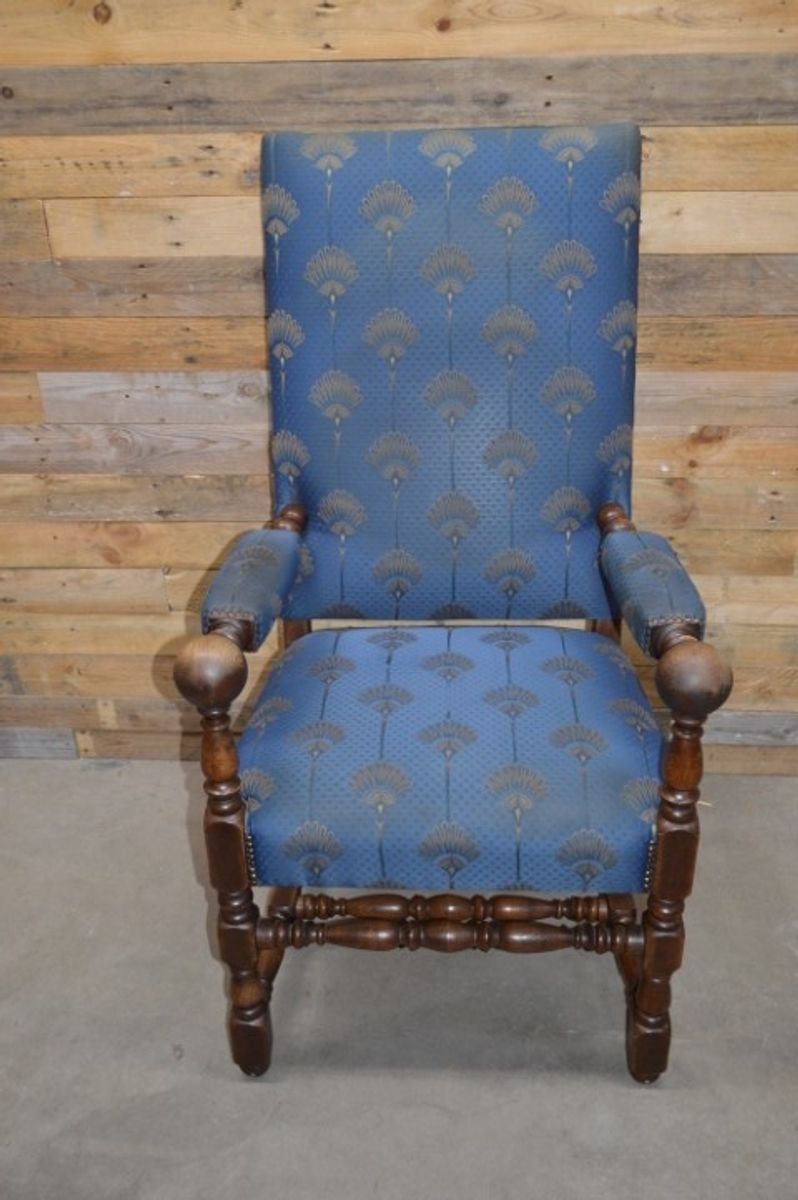 Robuuste Kasteel Armstoel Eiken Met Blauwe Stof image 8