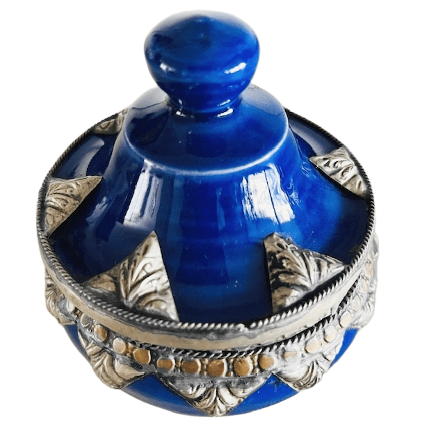 Marokkaans Keramisch Dekselpotje Blauw Filigraan Zilvernikkel image 3
