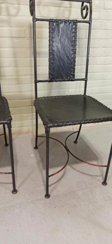 Set Van 4 Vintage Ijzer En Leer Stoelen, Zwart image 12