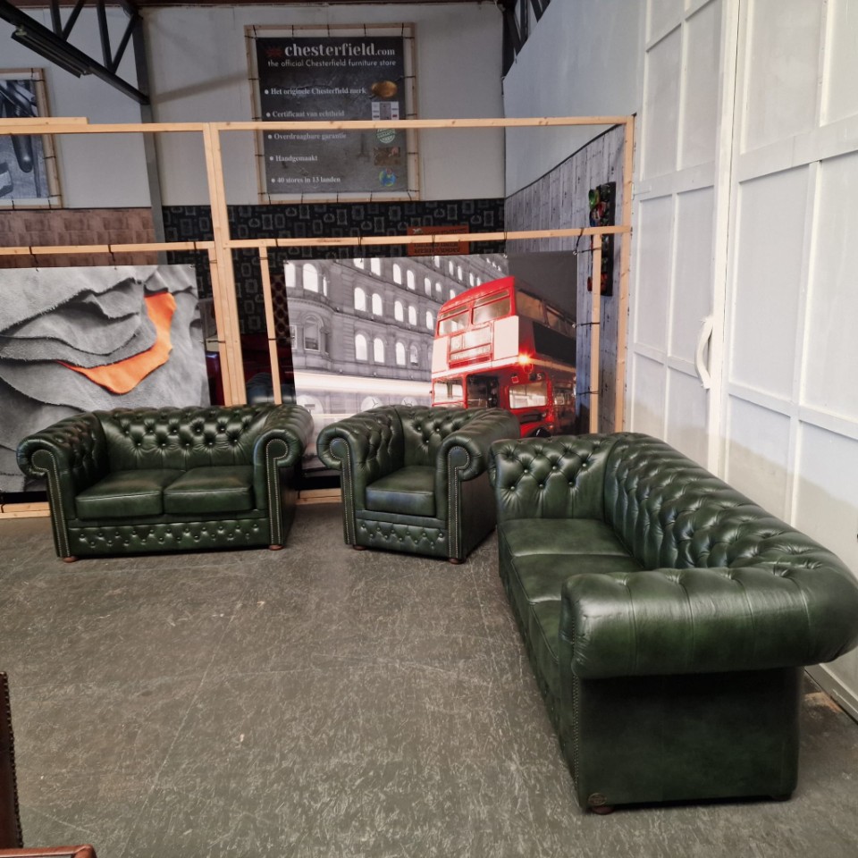 Chesterfield Brighton Antiek Groen – 1+2+3-Zits Bankset Met Salontafel image 2