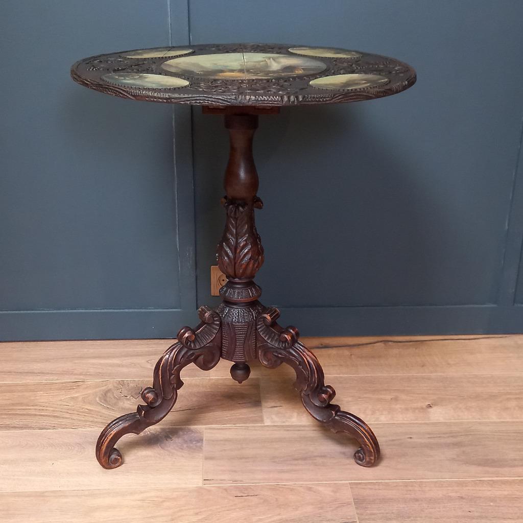 Antieke Tilttop Tafel 19e Eeuw Met 5 Schilderingen image 2