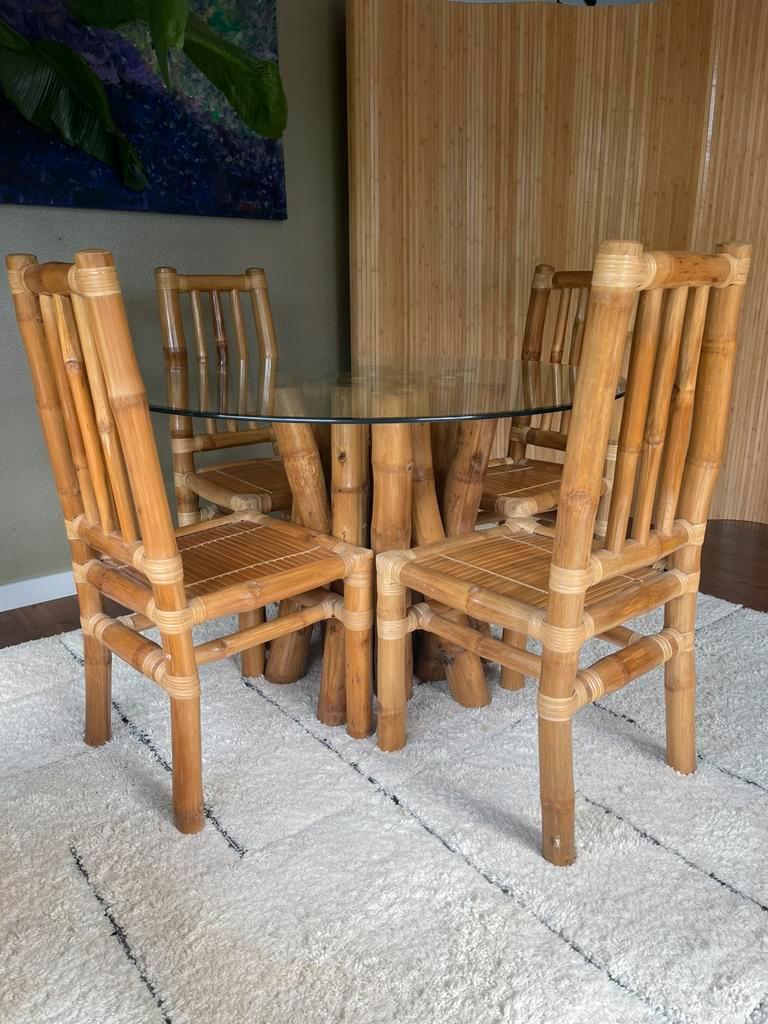 Vintage Boho Bamboe Eetkamerset - Eettafel Met Stoelen image 8