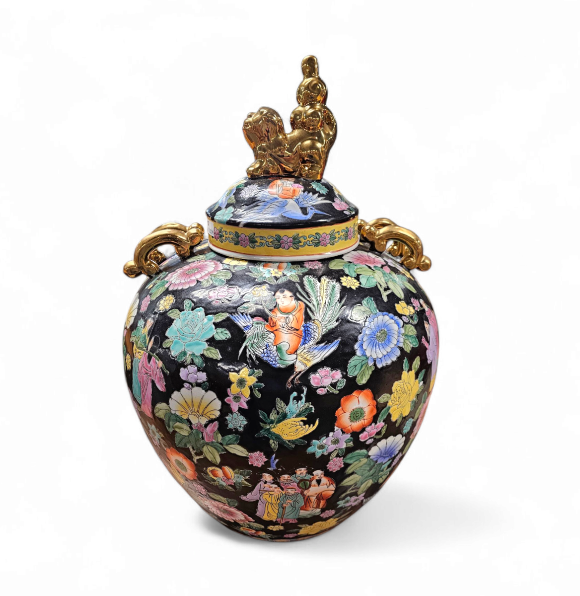 Large Famille Noir Chinese / Porcelain Ginger Jar / Hand Painted / Mille Fleur image 5