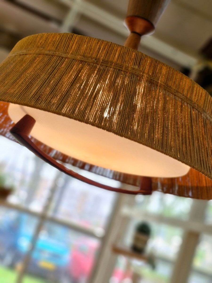 Vintage Design Hanglamp Temde Leuchten Sisal Teak 70s image 6