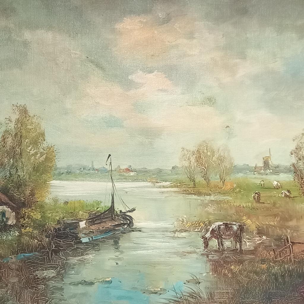 Antiek Xl Olieverf Schilderij Op Linnen image 3