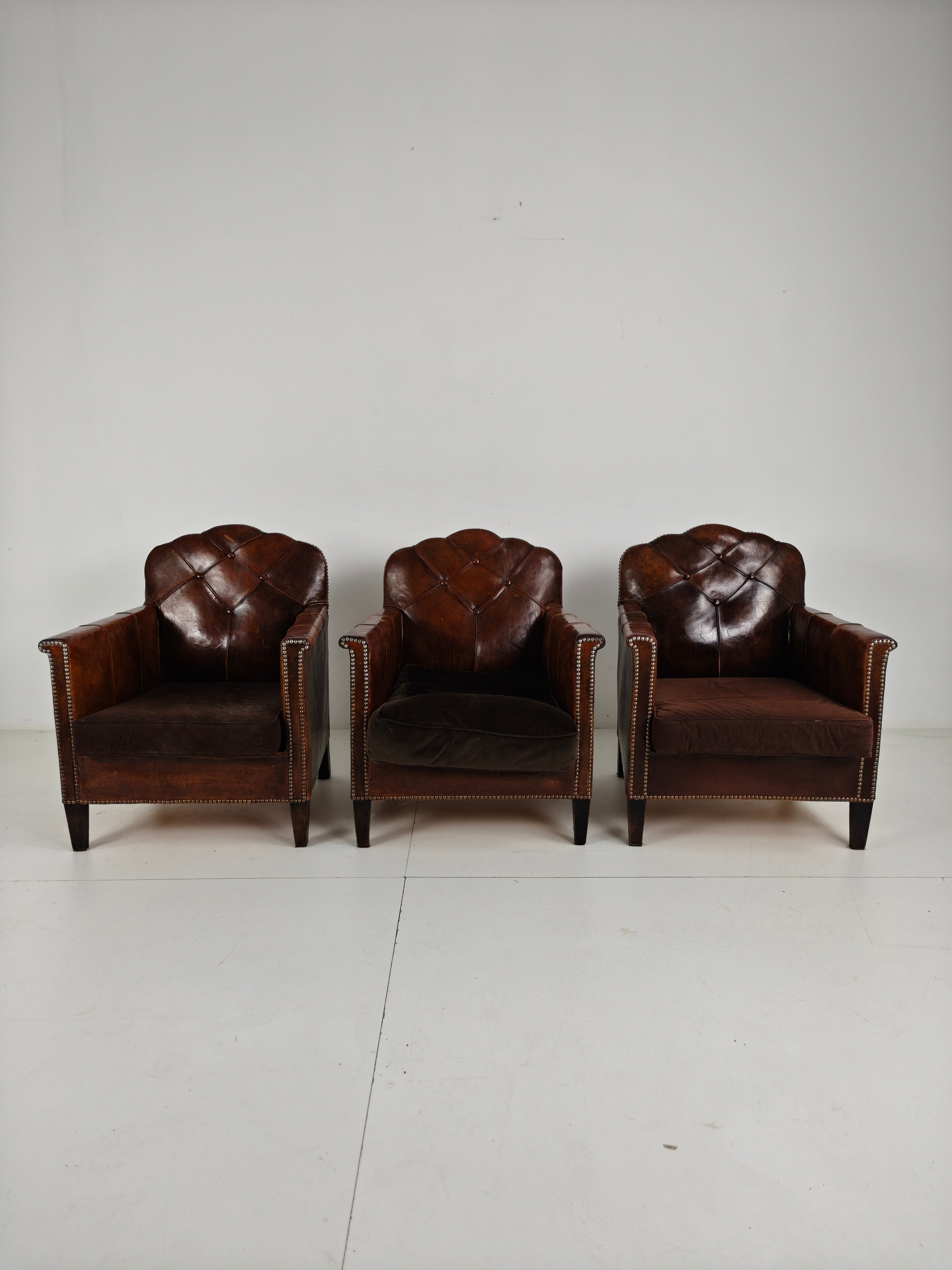 Prachtige Set Van 3 Leren Clubstoelen – Jaren 30 Schapenvacht image 4