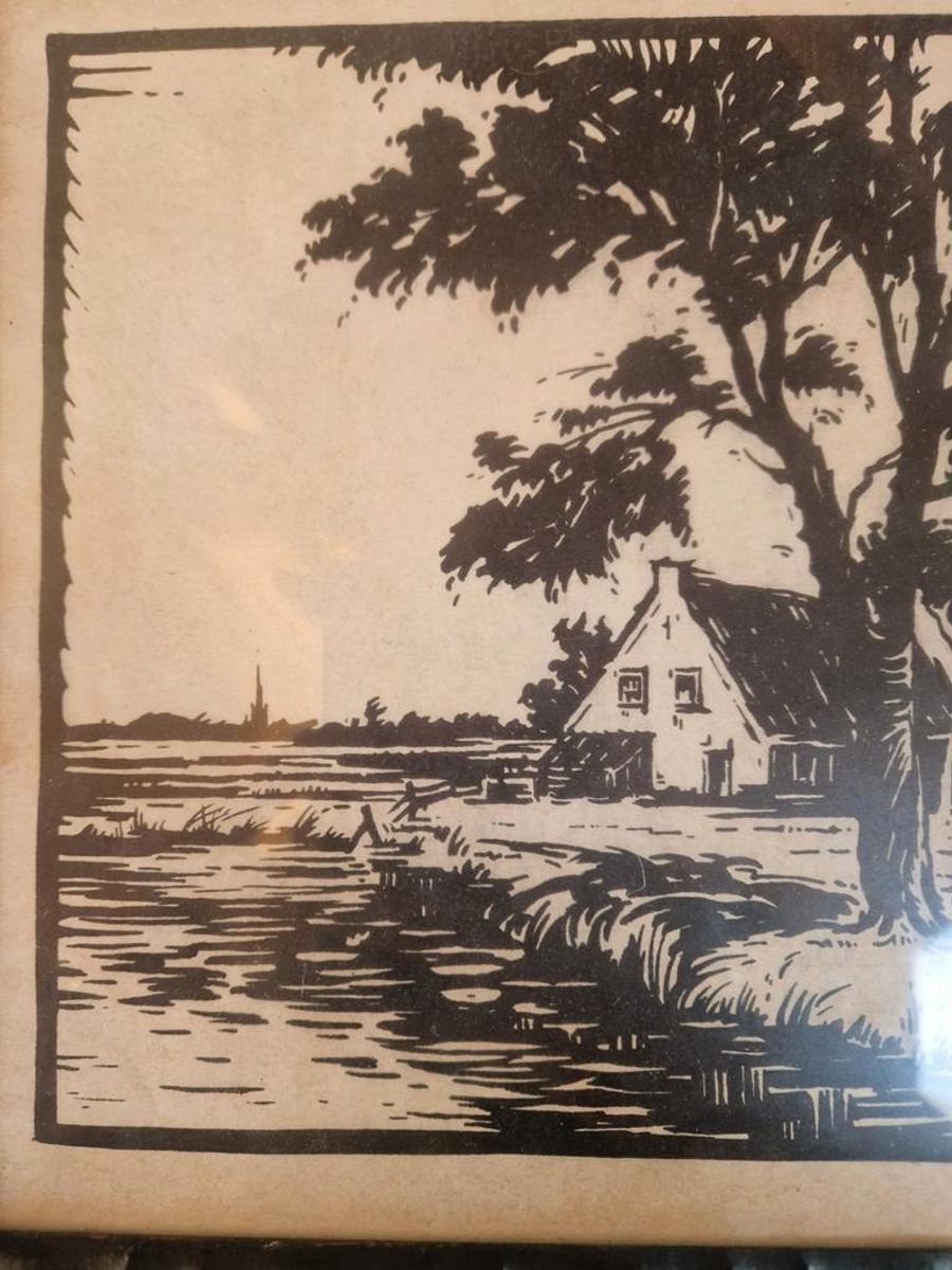 Linoleum Snede Boerderij Hollands Landschap. image 2