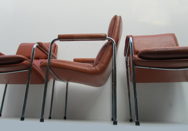 4 Vintage Cognac Leren Lounge Stoelen Artifort Geoffrey Harcourt image 10