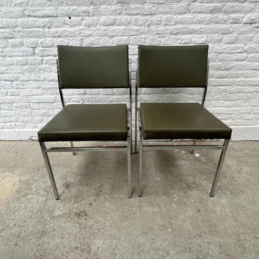 6x Midcentury Stoel Met Chromen Frame En (leger)groene Skai image 5