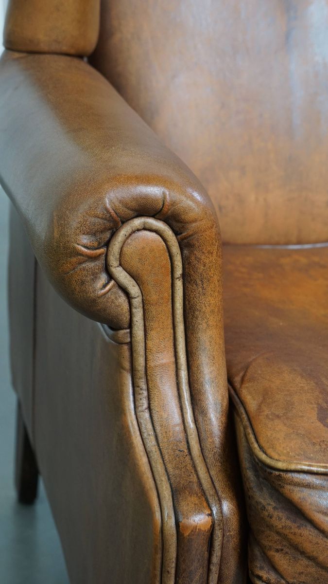 Geweldige, Karaktervolle Vintage Schapenleren Oorfauteuil Met Een Mooi Patina image 11