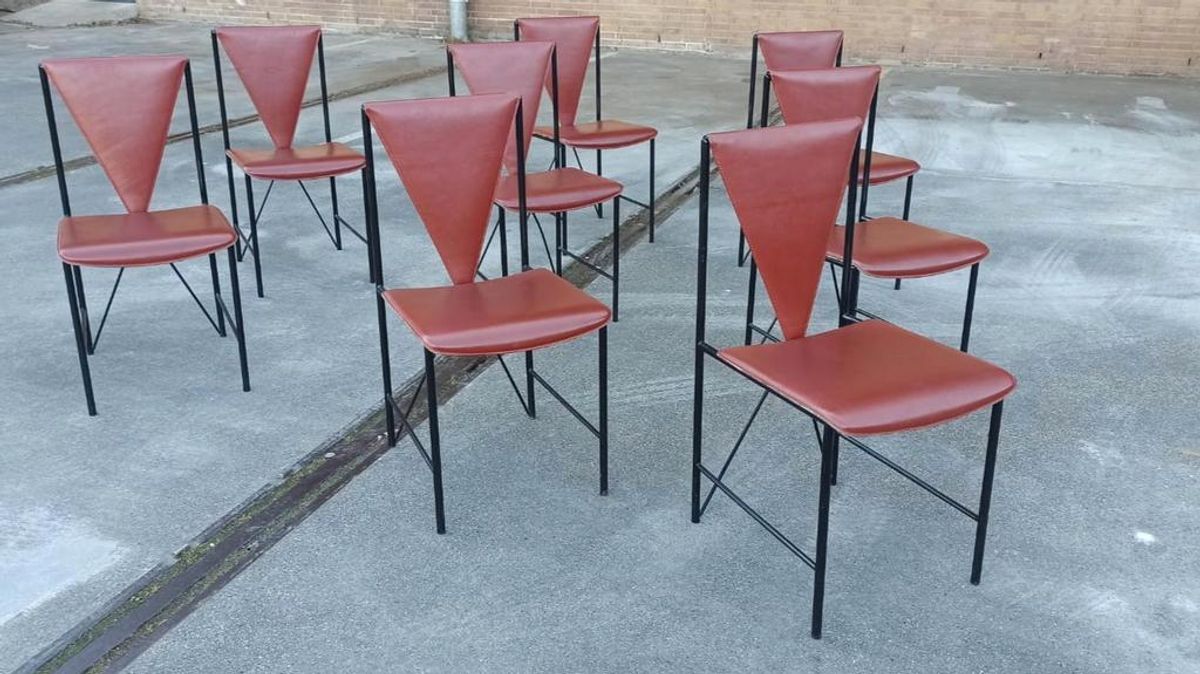 Set Van 8 Vintage Postmodern Leren Eetkamerstoelen image 7