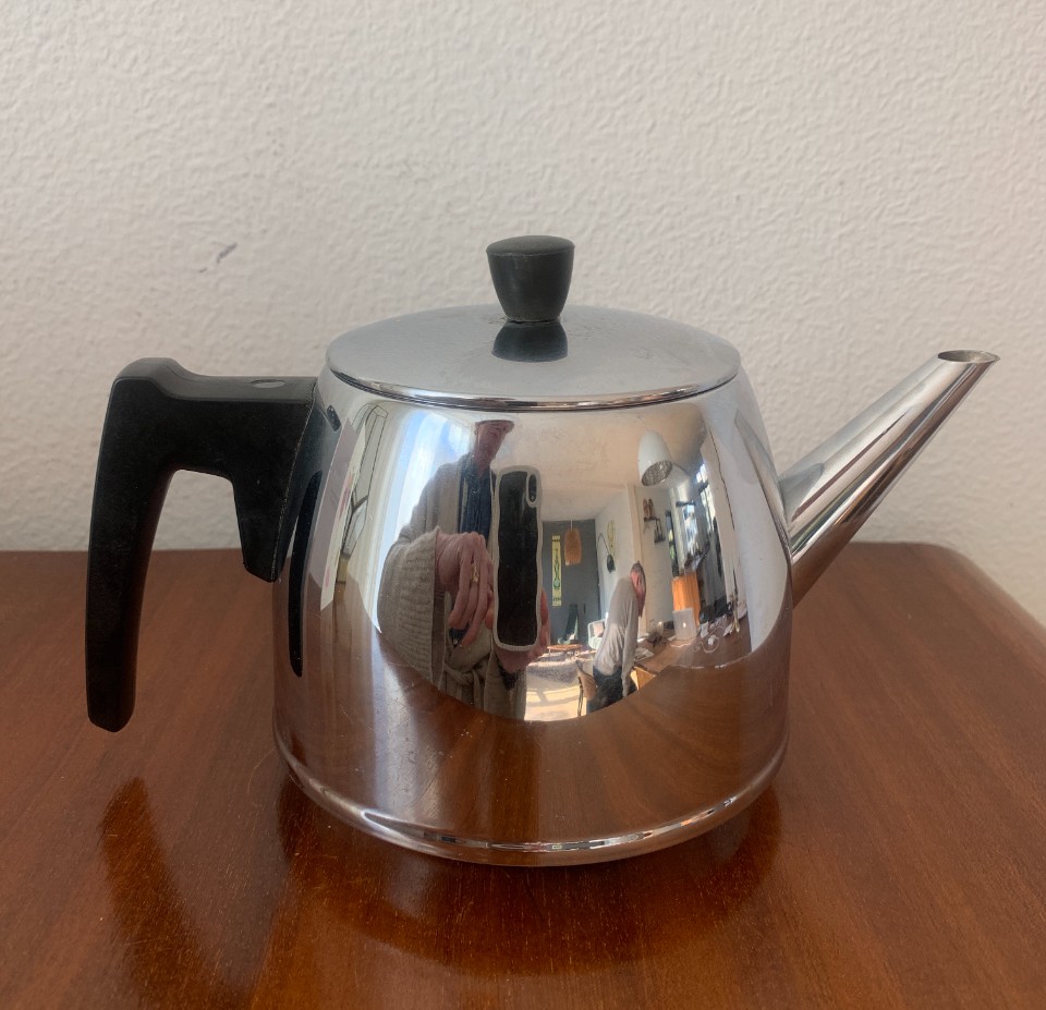 Vintage Nederlandse Dubbelwandige Chromen Theepot Gemaakt Door Bredemeijer In De Jaren Zestig! image 5