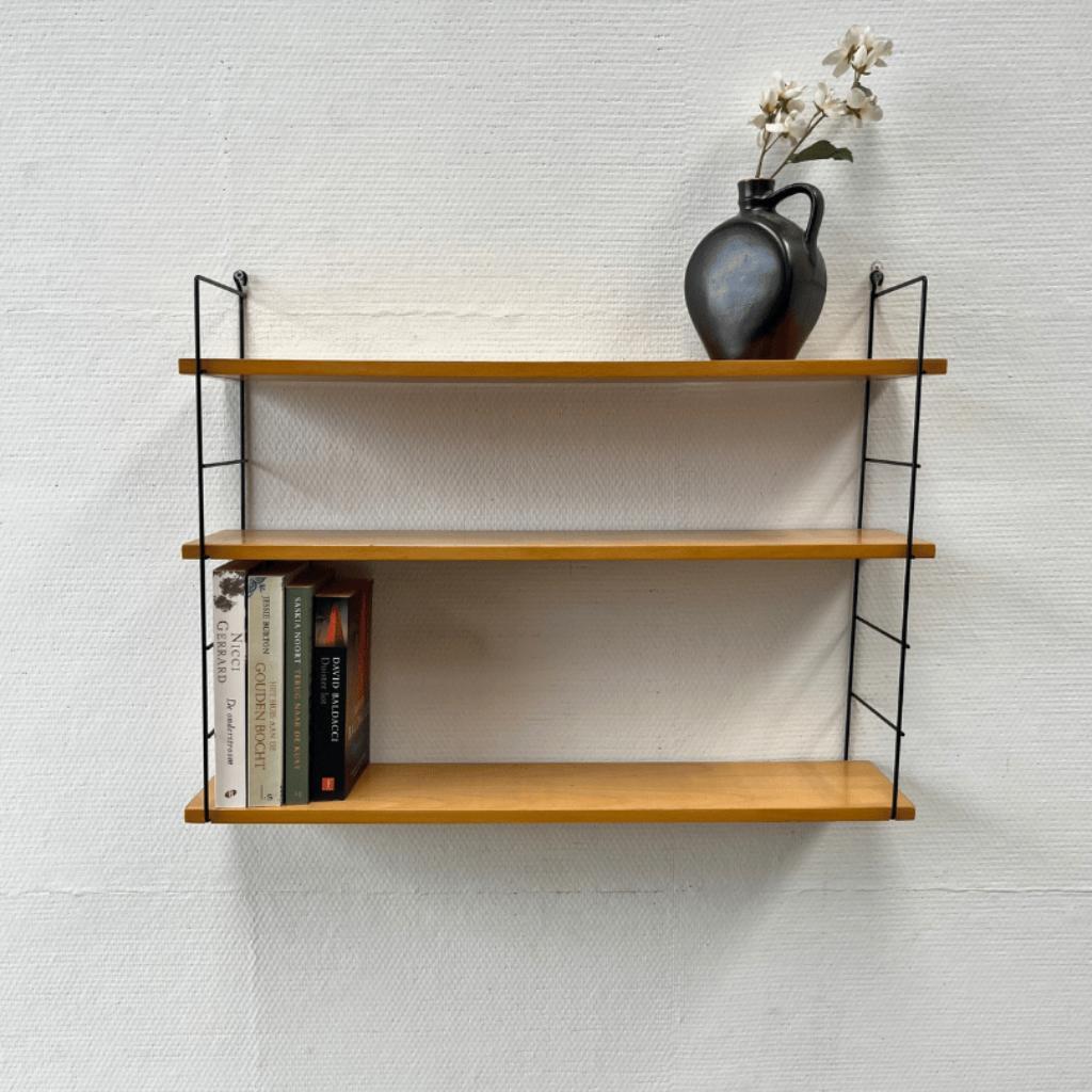 Vintage Wandrek Zwart Draadstaal, Licht Hout 3 Planken image 3