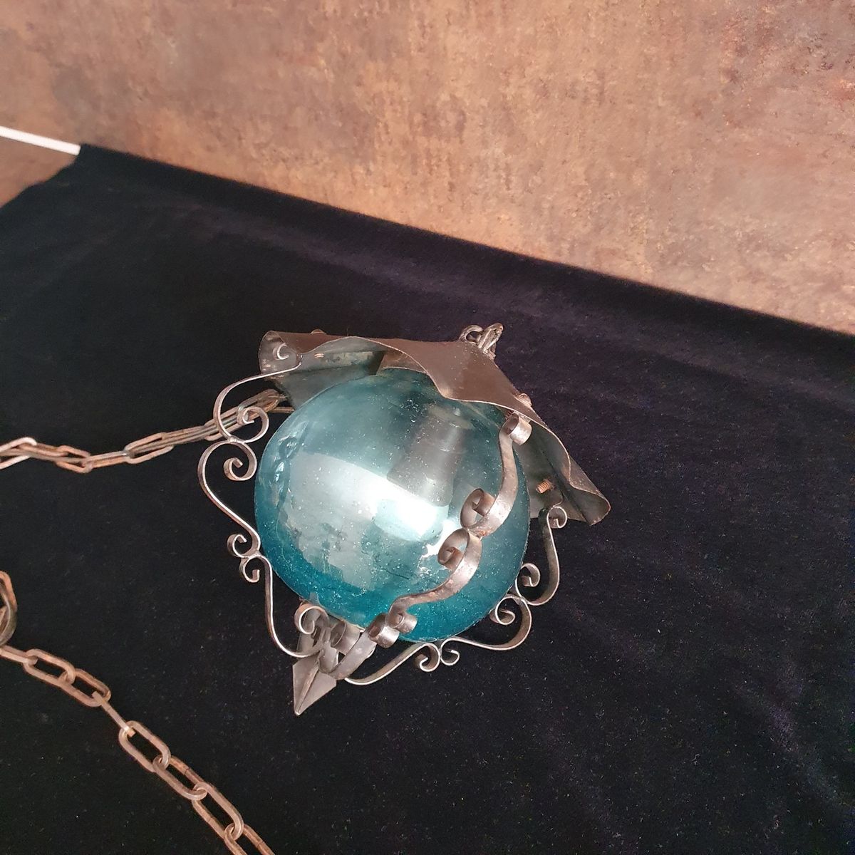 Vintage - Hanglamp - Plafondlamp - Blauw Glas - Metaal En Glas. image 3