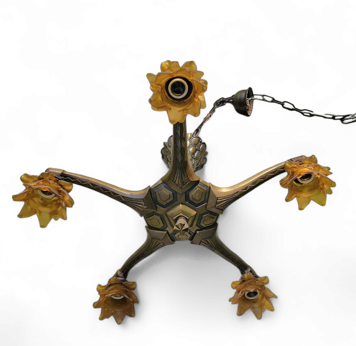 5 Arms Art Deco / Art Nouveau / Brass Hanging Lamp / Hand Blown Floral Shades image 9
