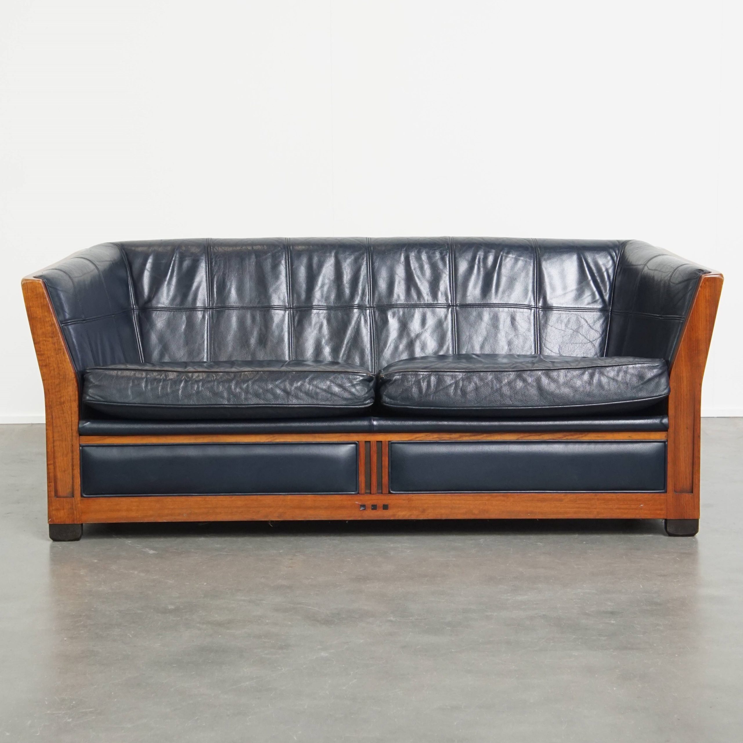 Luxe 2.5-zits Schuitema Art Deco Design Bank Met Mooi Houtwerk En Donkerblauw Rundleer image 2
