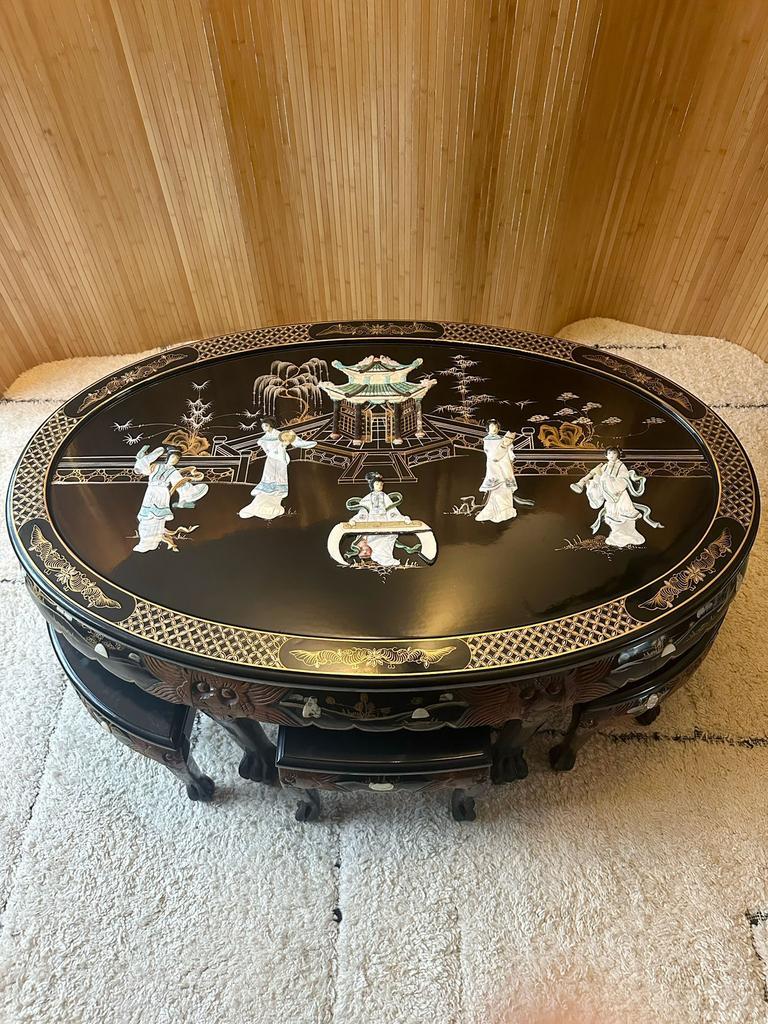 Chinese Salontafel Met Houtsnijwerk Incl 6 Krukjes image 12