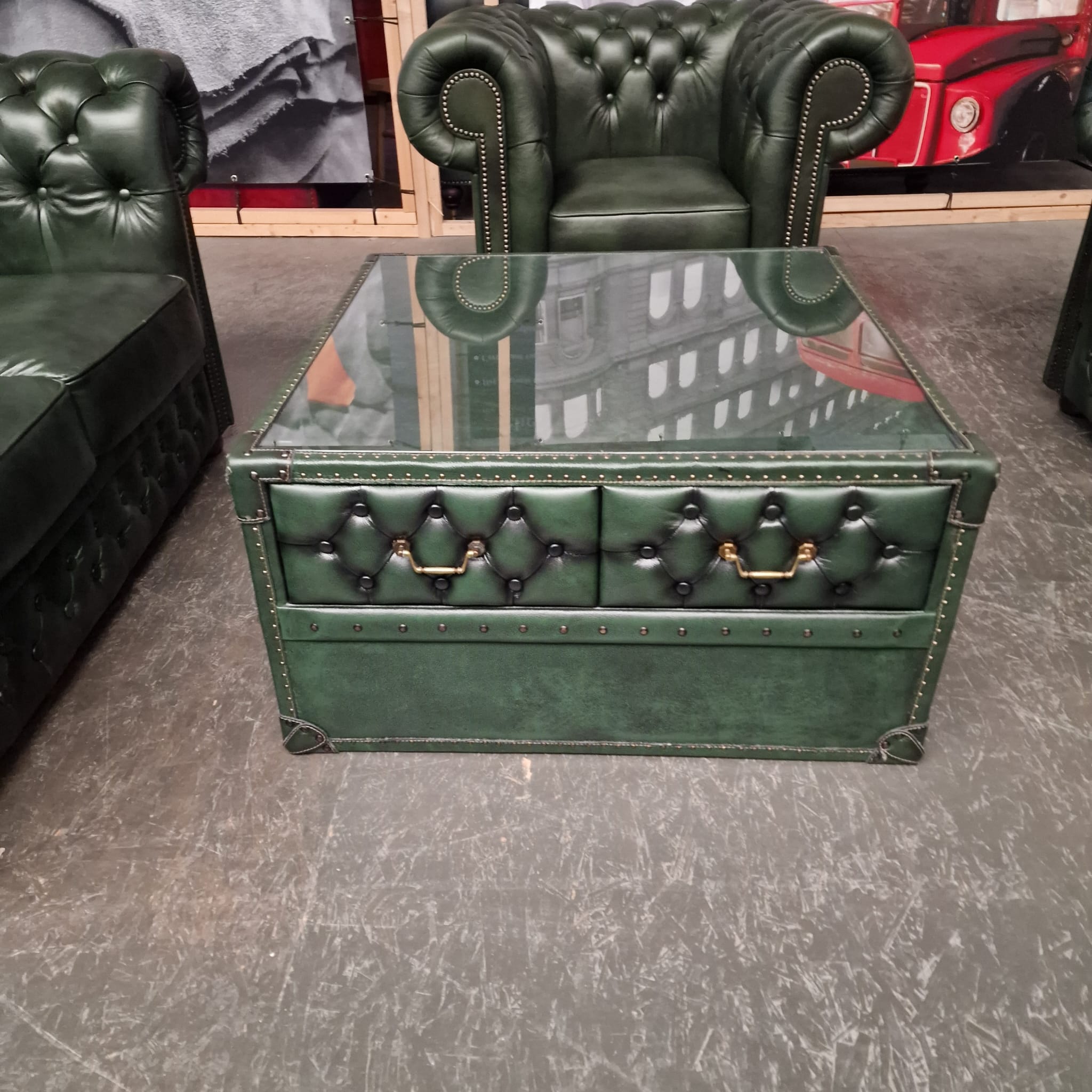 Chesterfield Brighton Antiek Groen – 1+2+3-zits Bankset Met Salontafel image 12