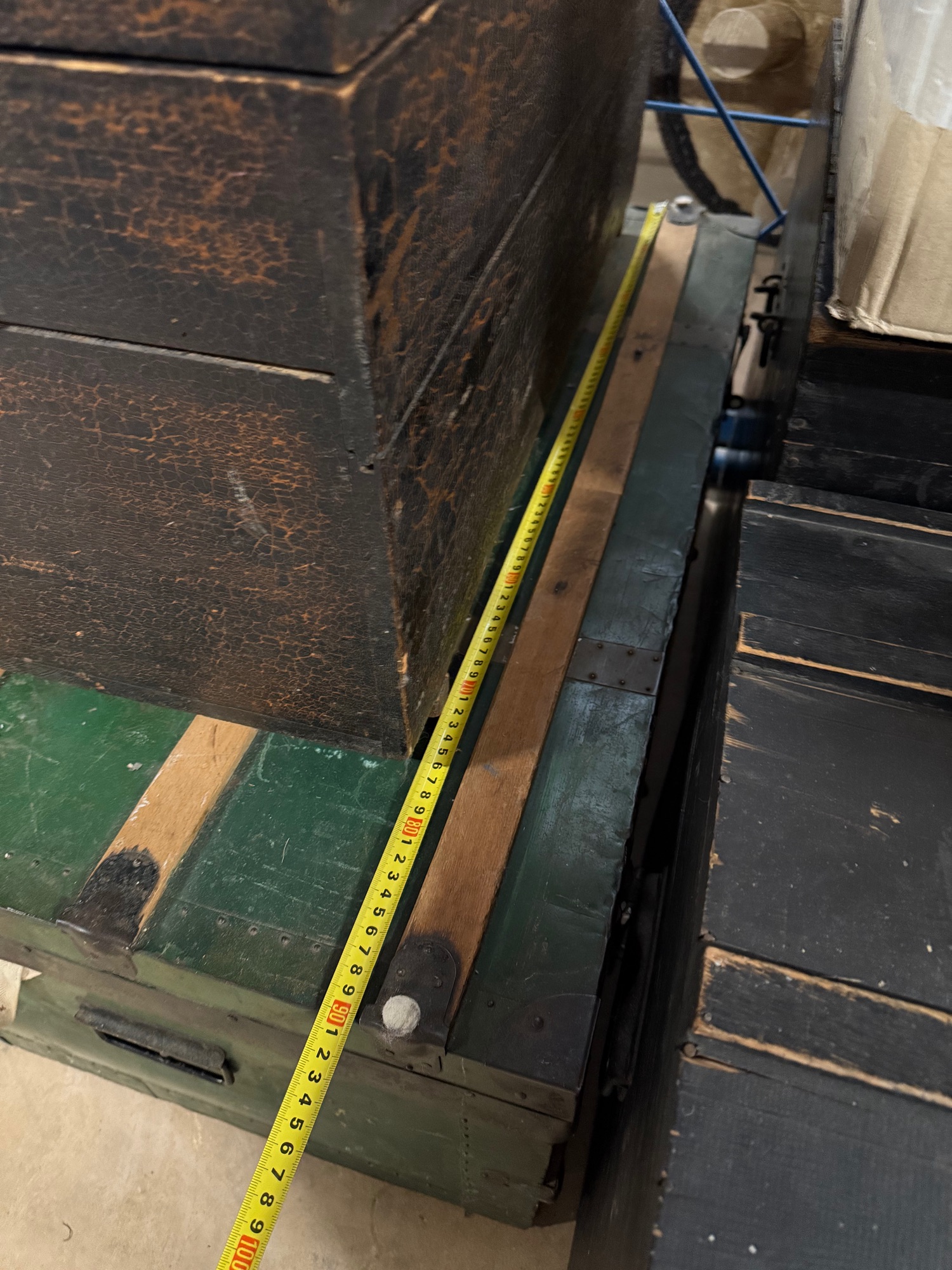Hutkoffer, Kist, Groen Met Houten Latjes image 20