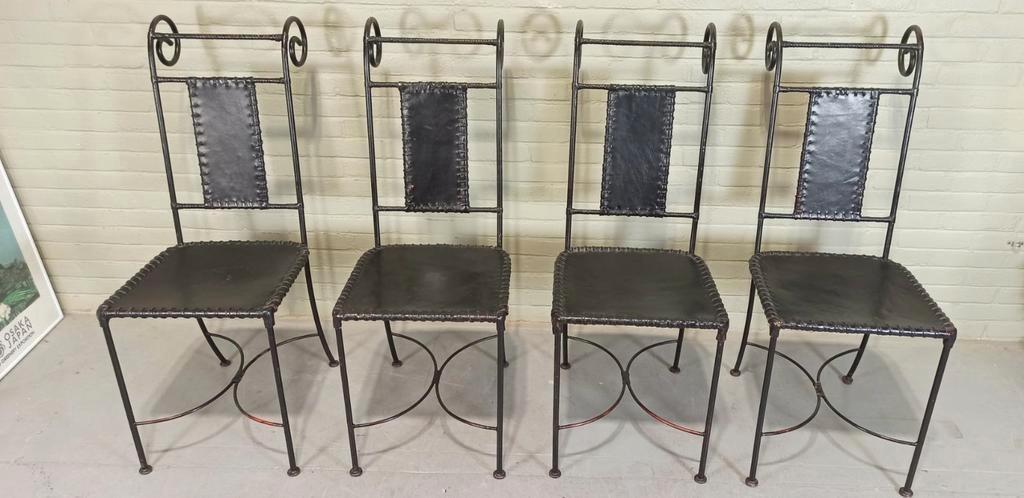 Set Van 4 Vintage Ijzer En Leer Stoelen, Zwart image 3
