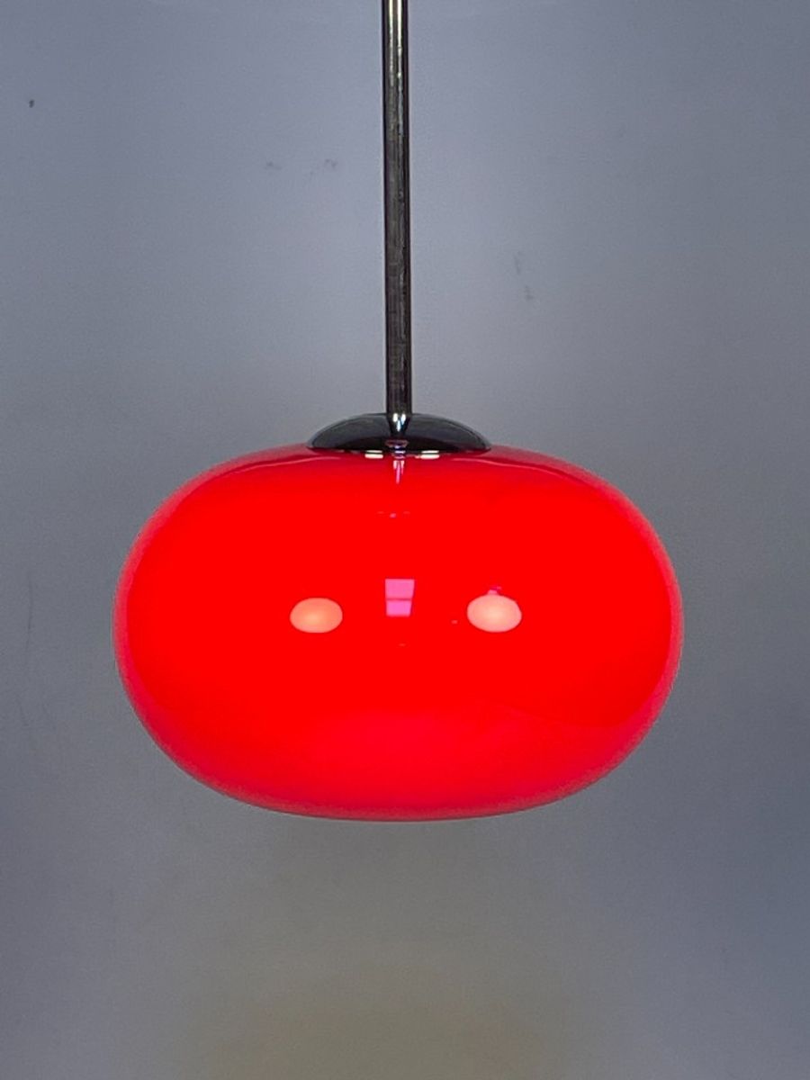Glazen Rode Hanglamp Met Chromen Armatuur, 1980's image 4