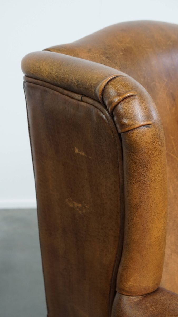 Geweldige, Karaktervolle Vintage Schapenleren Oorfauteuil Met Een Mooi Patina image 14
