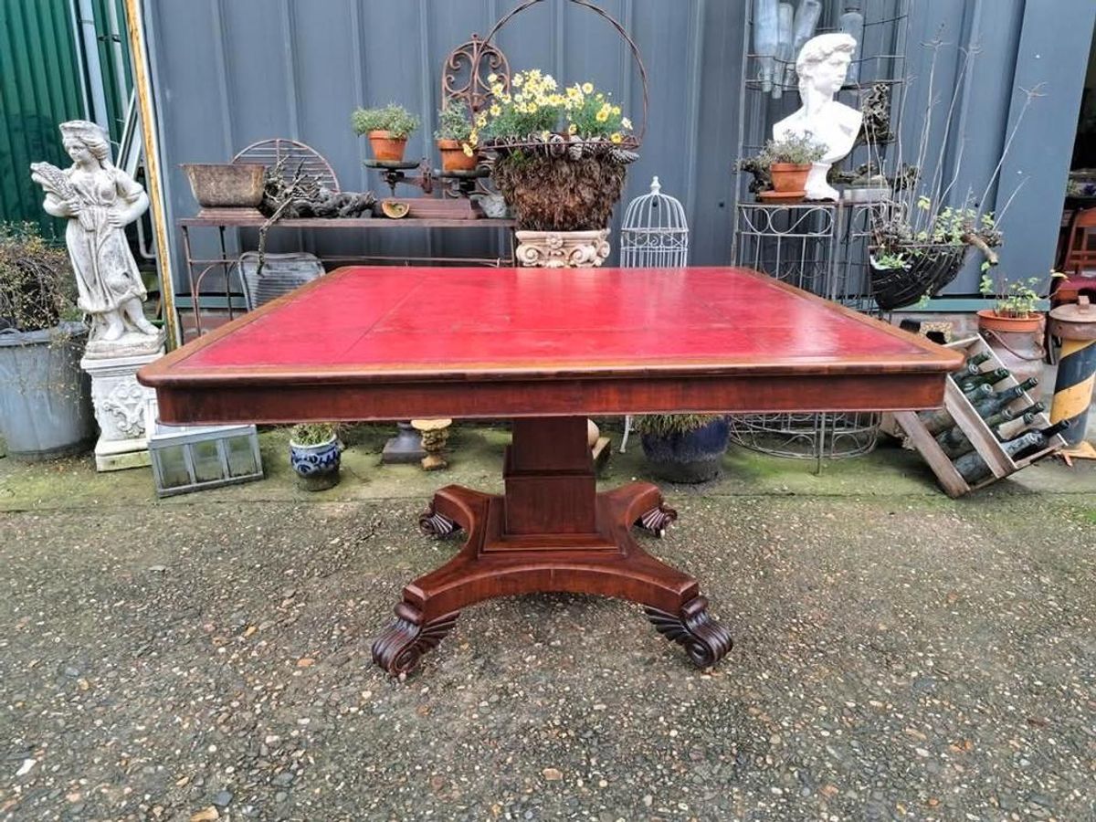 Antieke Vergadertaf Eettafel, Kaarttafel Met Ingelegde Leer, image 2