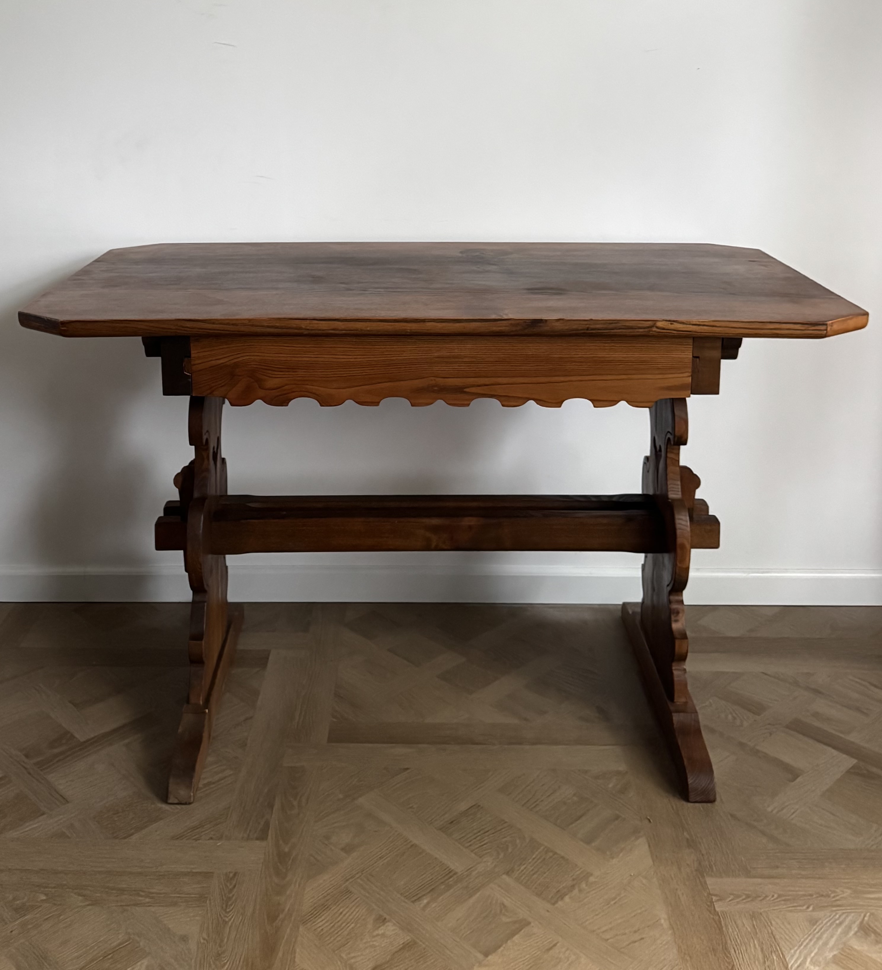 Antique German / Alpine Trestle Table With Drawer image 2