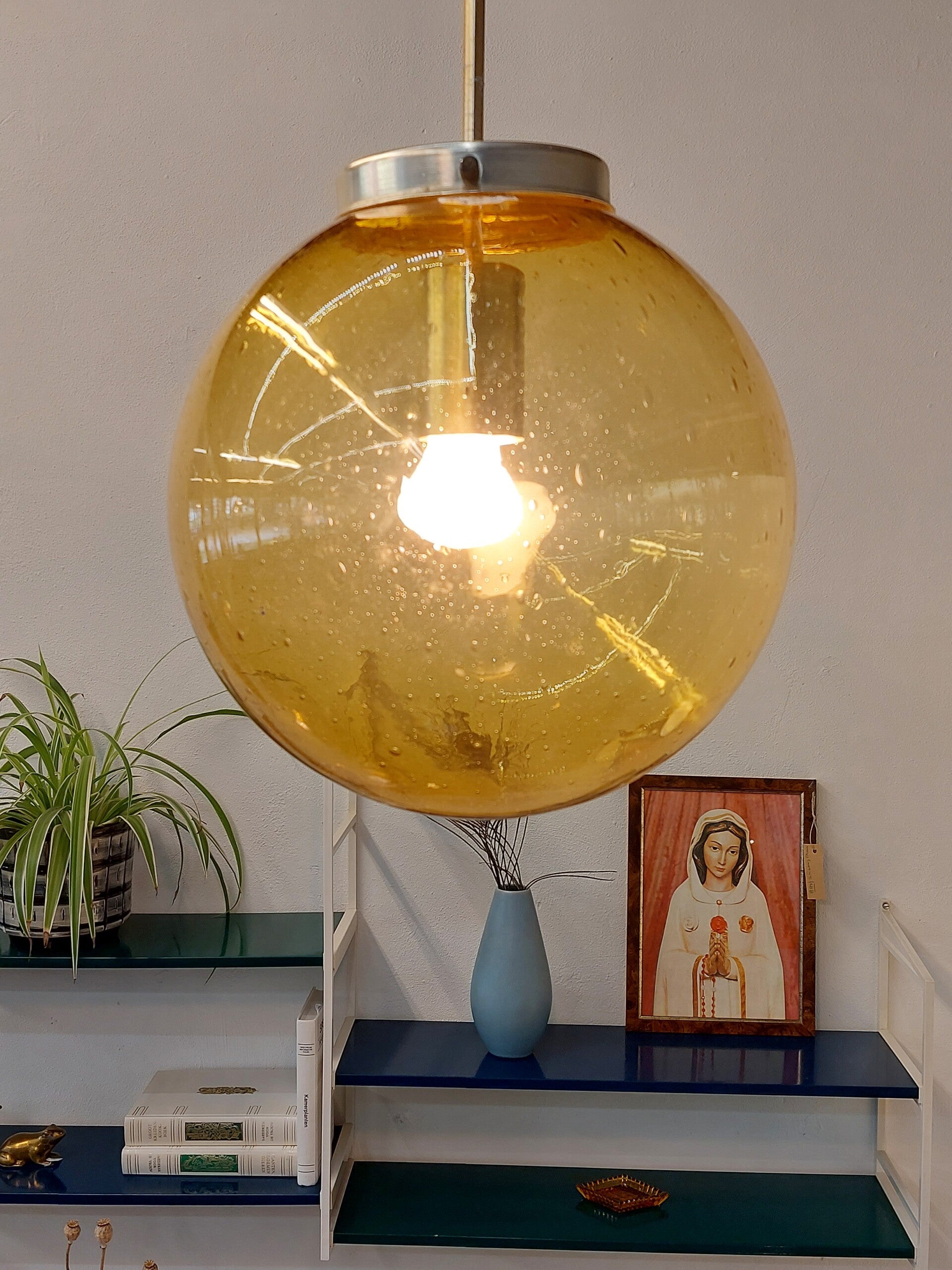 Vintage Hanglamp Messing Goudgeel Bol Glas image 2