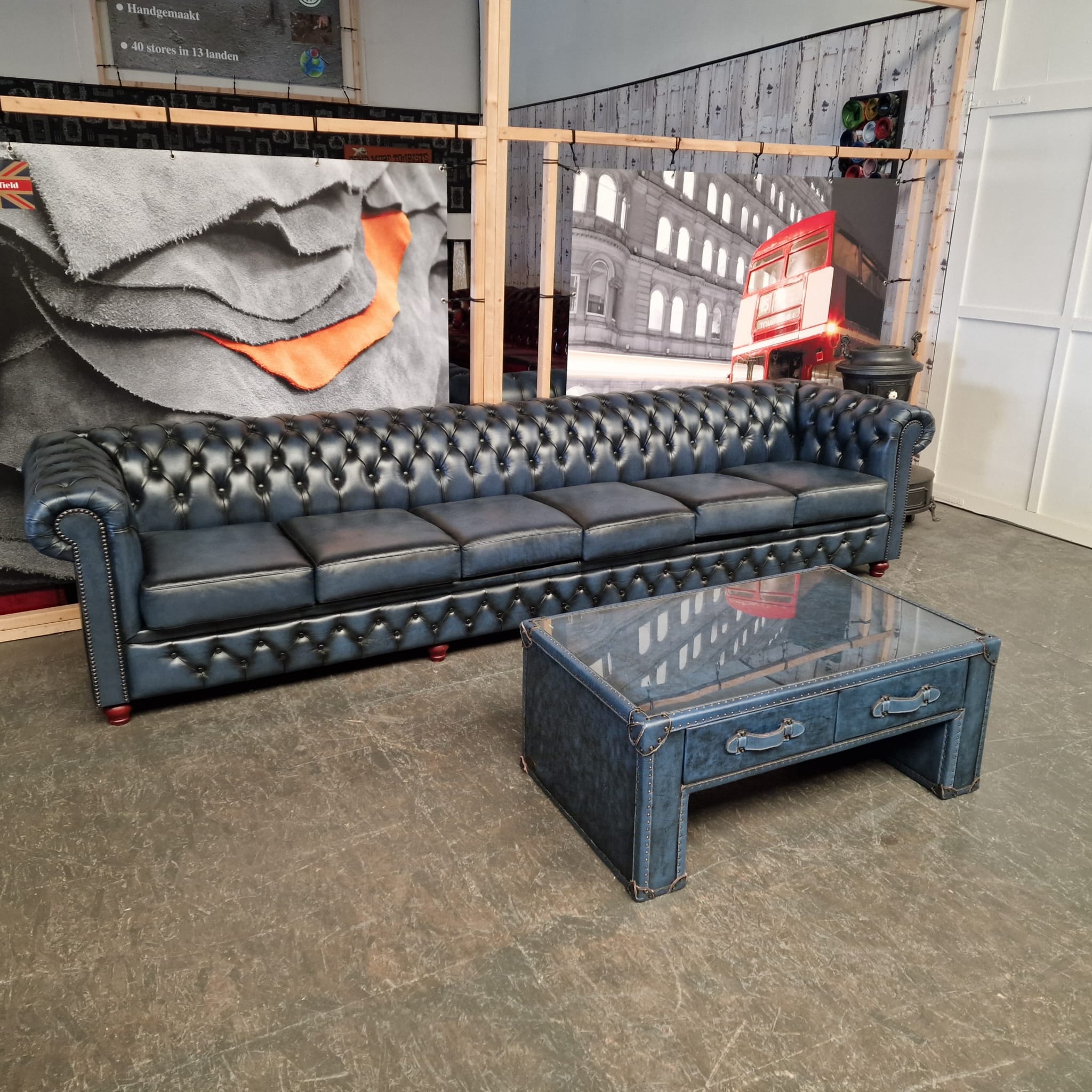 Chesterfield Brighton Antiek Blauw 6-zits Bank Leer image 3