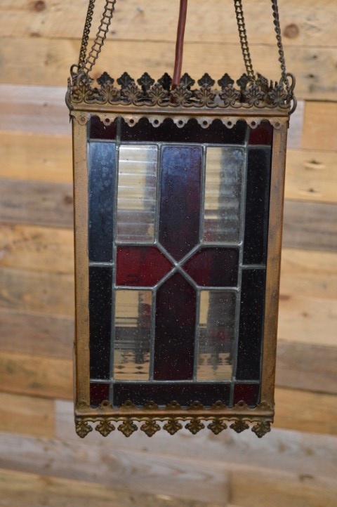 Antieke Hanglamp Koper Met Glas In Lood Opknapper image 7