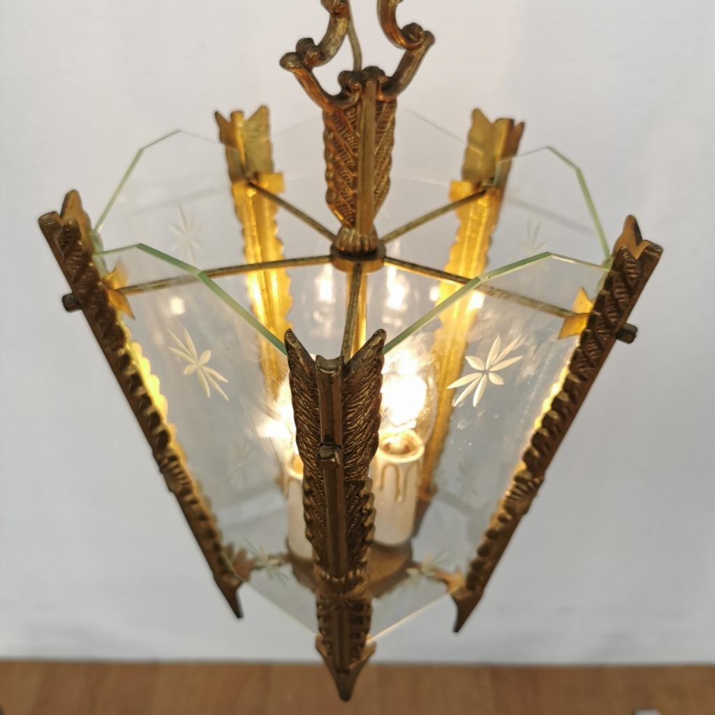 Vintage Franse Messing Lantaarnlamp, Hanglamp, Lamp Met Ketting image 13