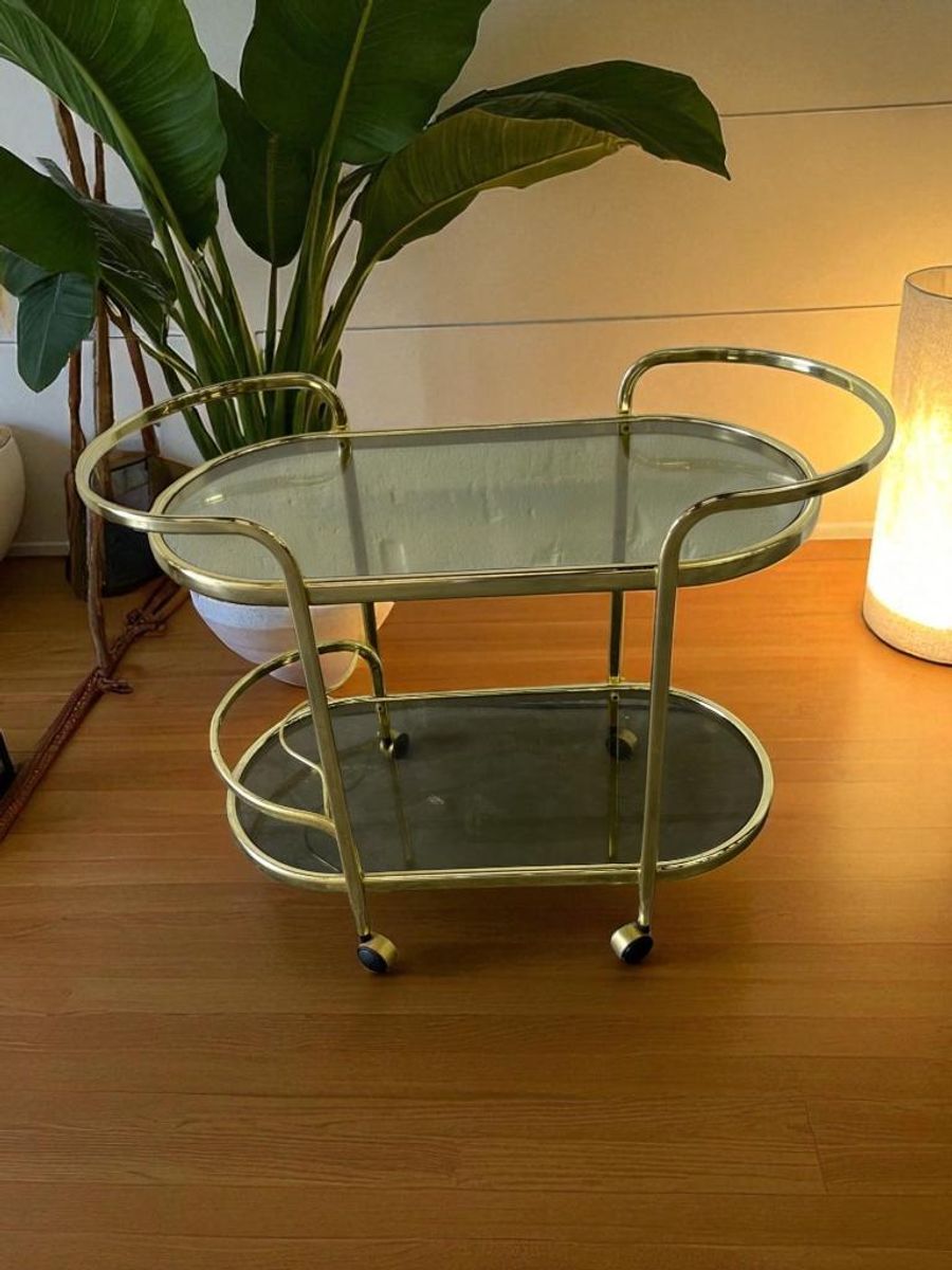 Vintage Gouden Barcart / Bijzettafeltje Met Fumé Glas image 2