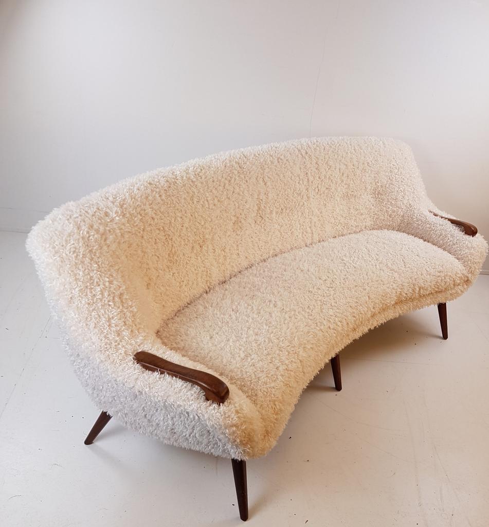 Vintage Bank Teak Hout Teddy Stof Nieuw | Uniek Organisch image 9