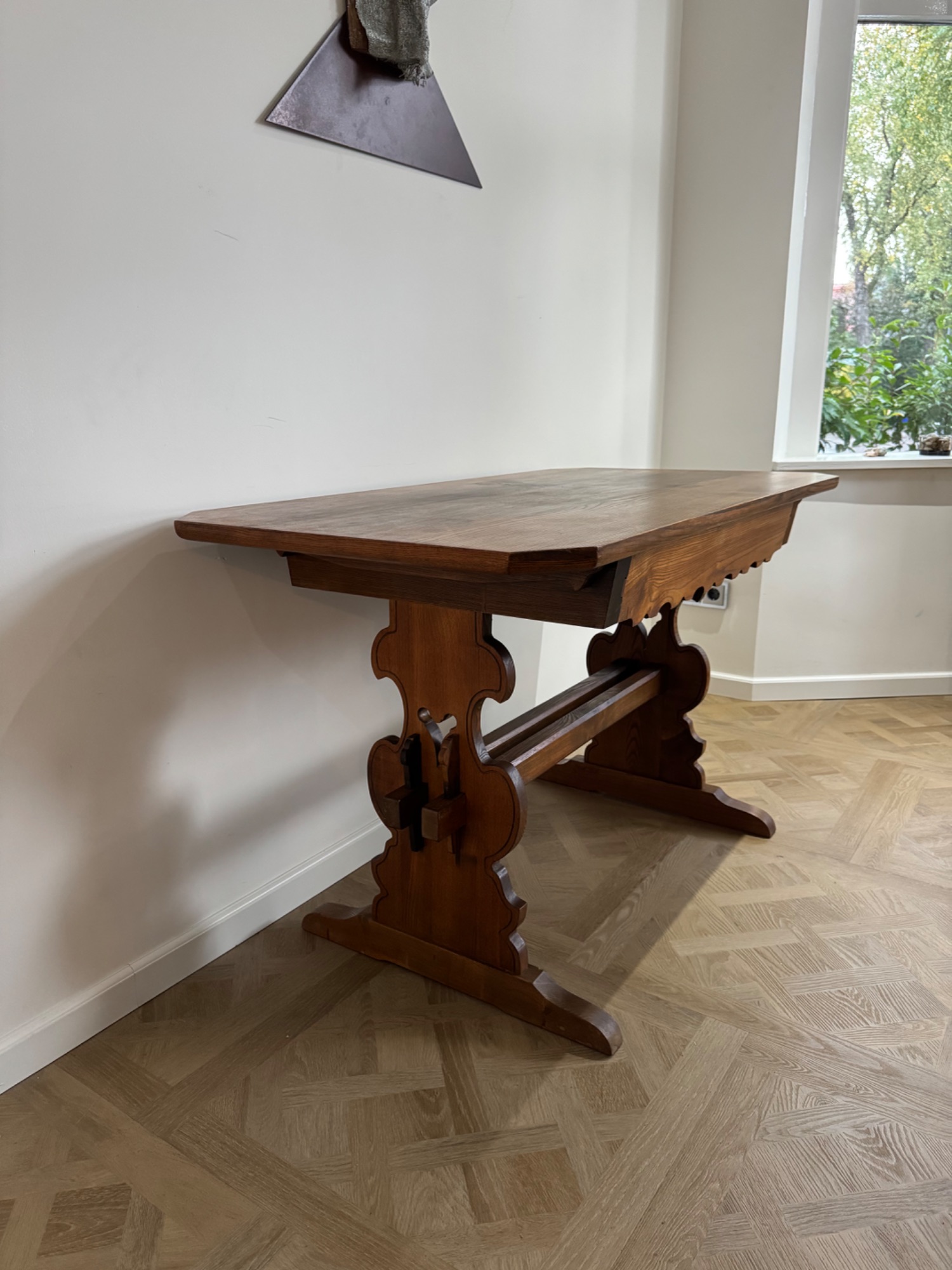 Antique German / Alpine Trestle Table With Drawer image 9