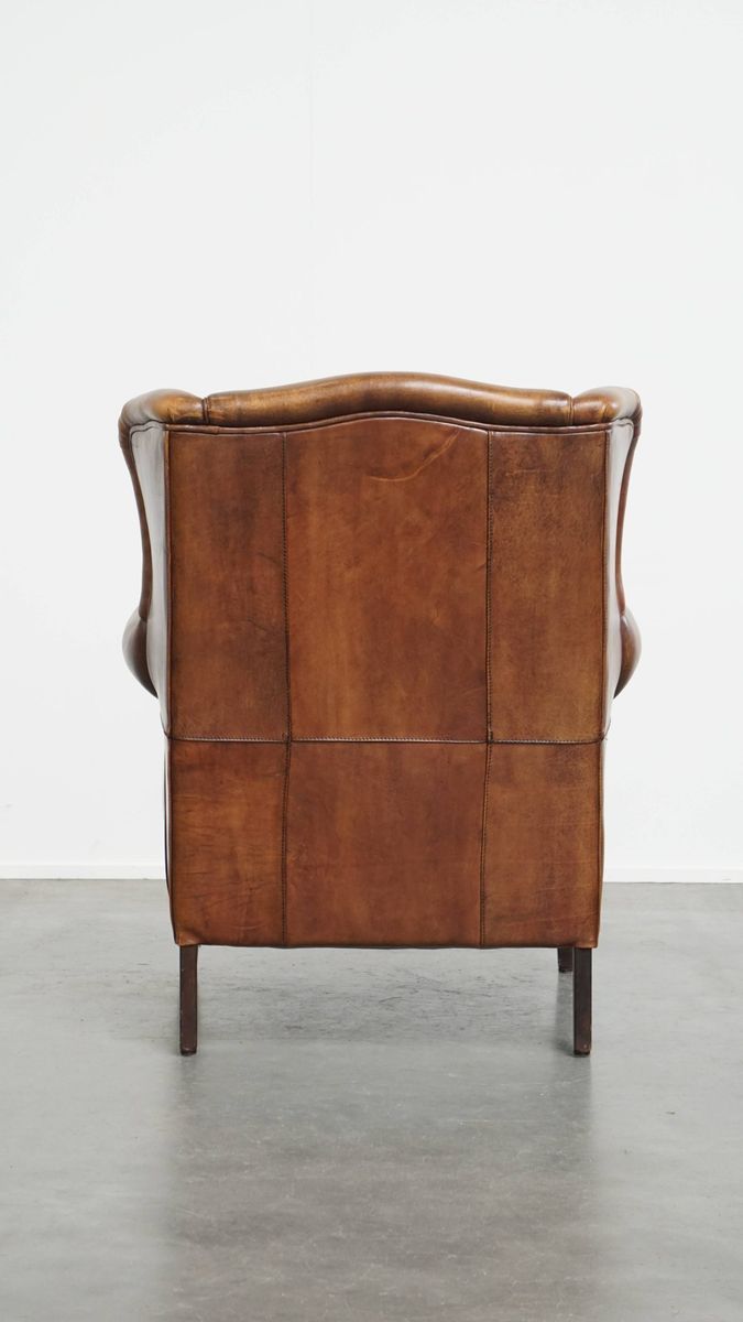 Geweldige, Karaktervolle Vintage Schapenleren Oorfauteuil Met Een Mooi Patina image 4