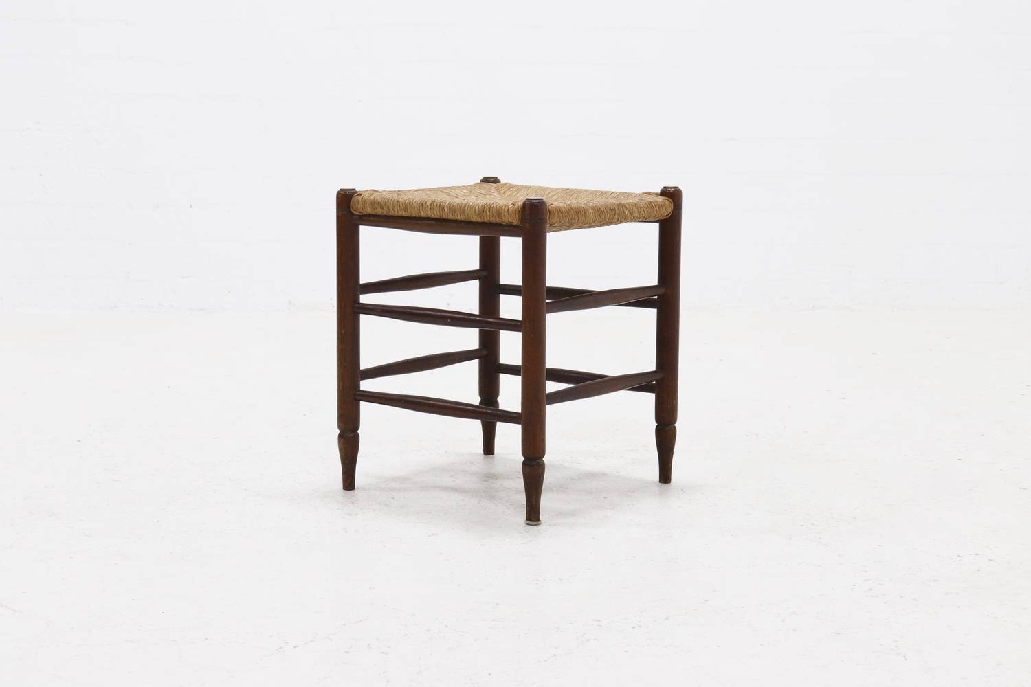 Vintage French Oak And Rush Stool 1950S image 4