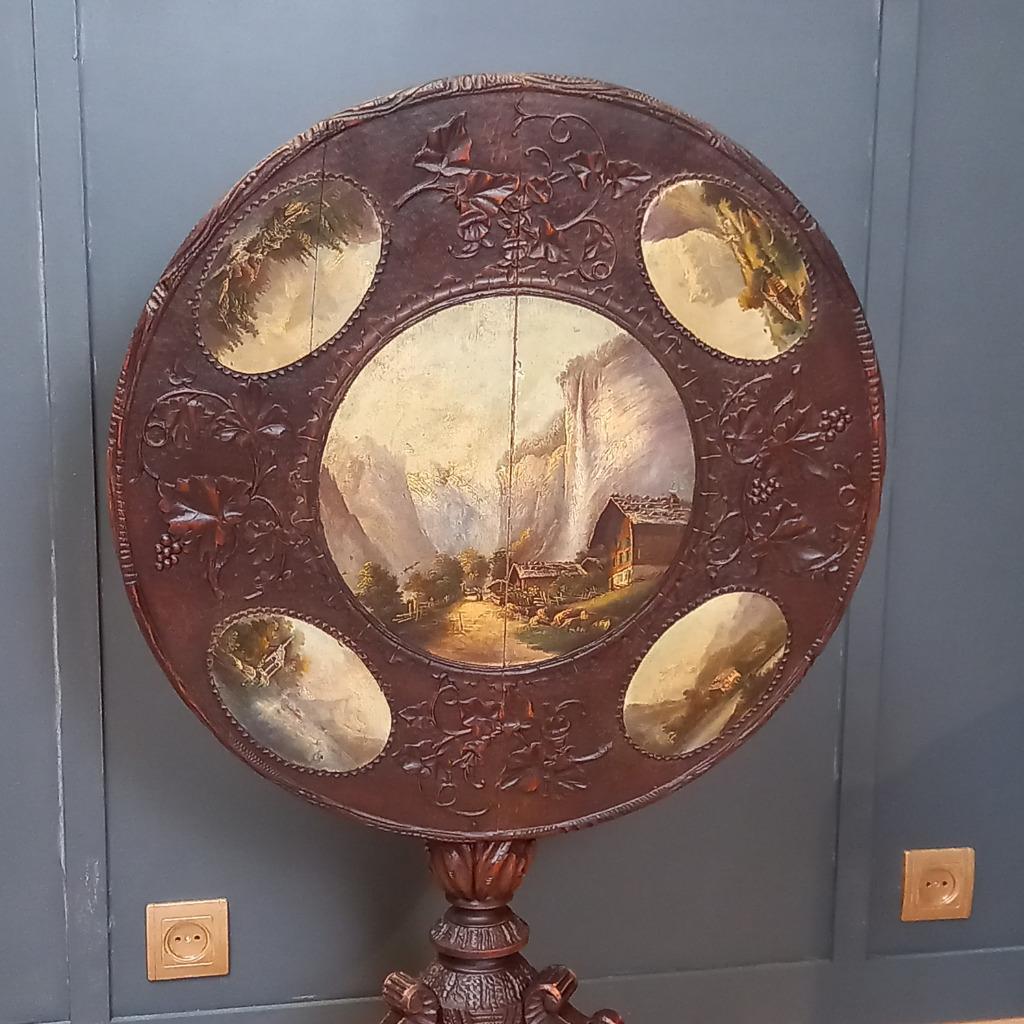 Antieke Tilttop Tafel 19e Eeuw Met 5 Schilderingen image 8