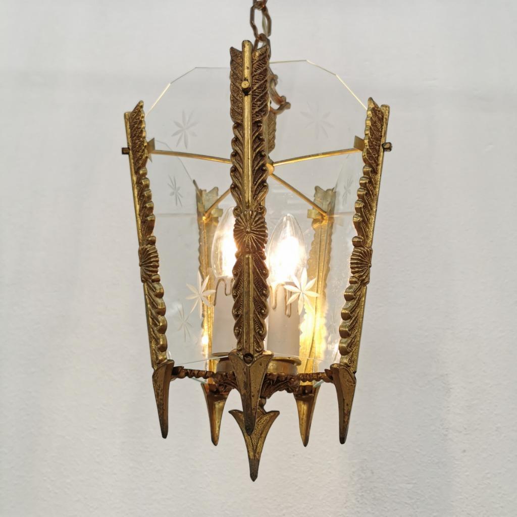 Vintage Franse Messing Lantaarnlamp, Hanglamp, Lamp Met Ketting image 2