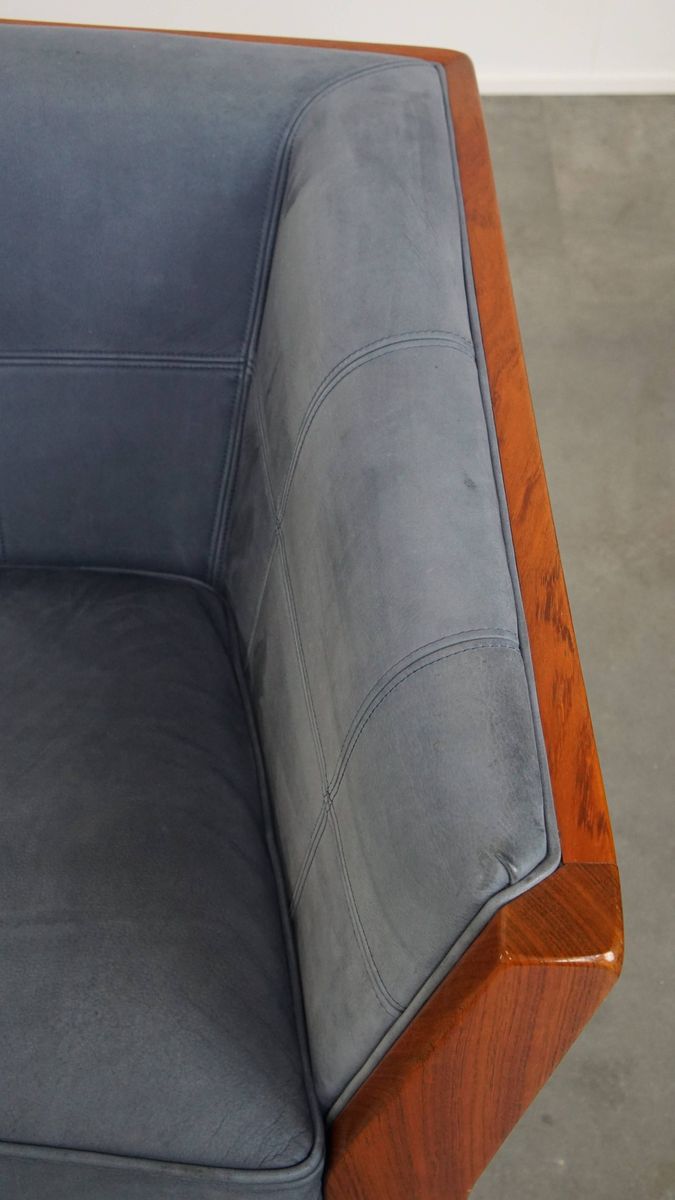 Geweldige Schuitema Art Deco Design Bank Met Mooie Blauwe Nubuck Lederen Bekleding image 8