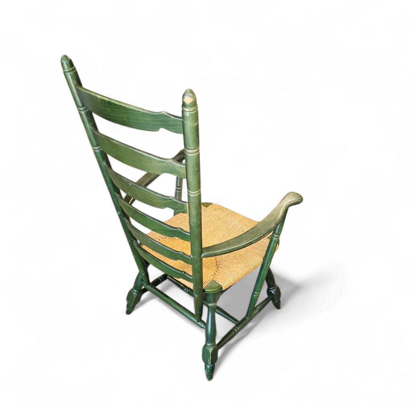 Vintage Transparent Green Wooden Arm Chair / Rush Seat / High Back Ladder Chair image 3