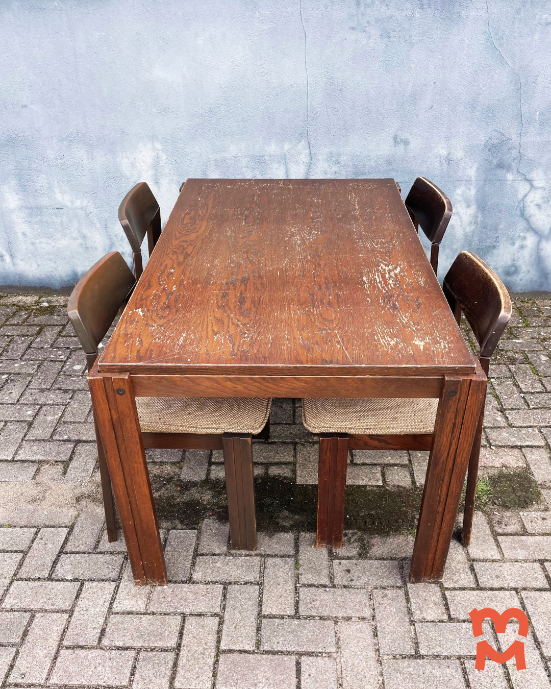Brutalist Jaren 60 Eetkamerset (uitschuifbare Stafel + 4 Stoelen) image 7