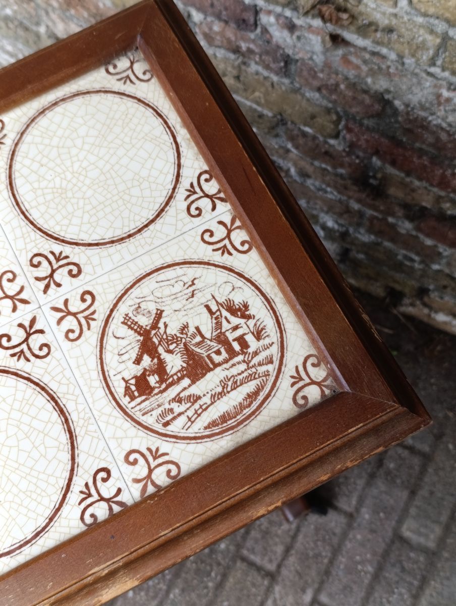 Charmant Frans Vintage Bijzettafeltje Lectuurbak Met Wieltjes En Tegels image 12