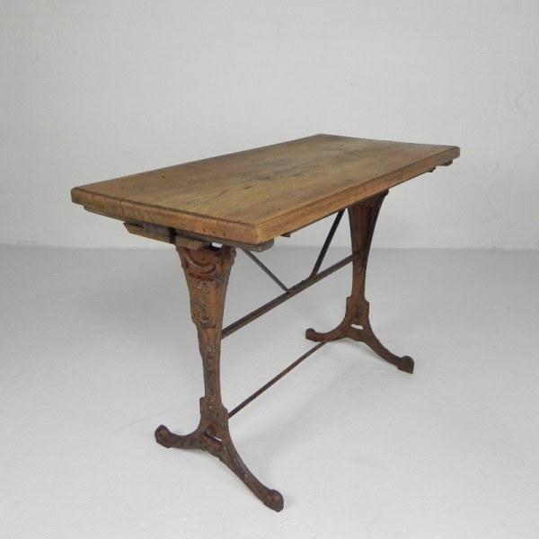 Art Deco Bistrotafel Met Eiken Blad Op Gietijzeren Frame image 2
