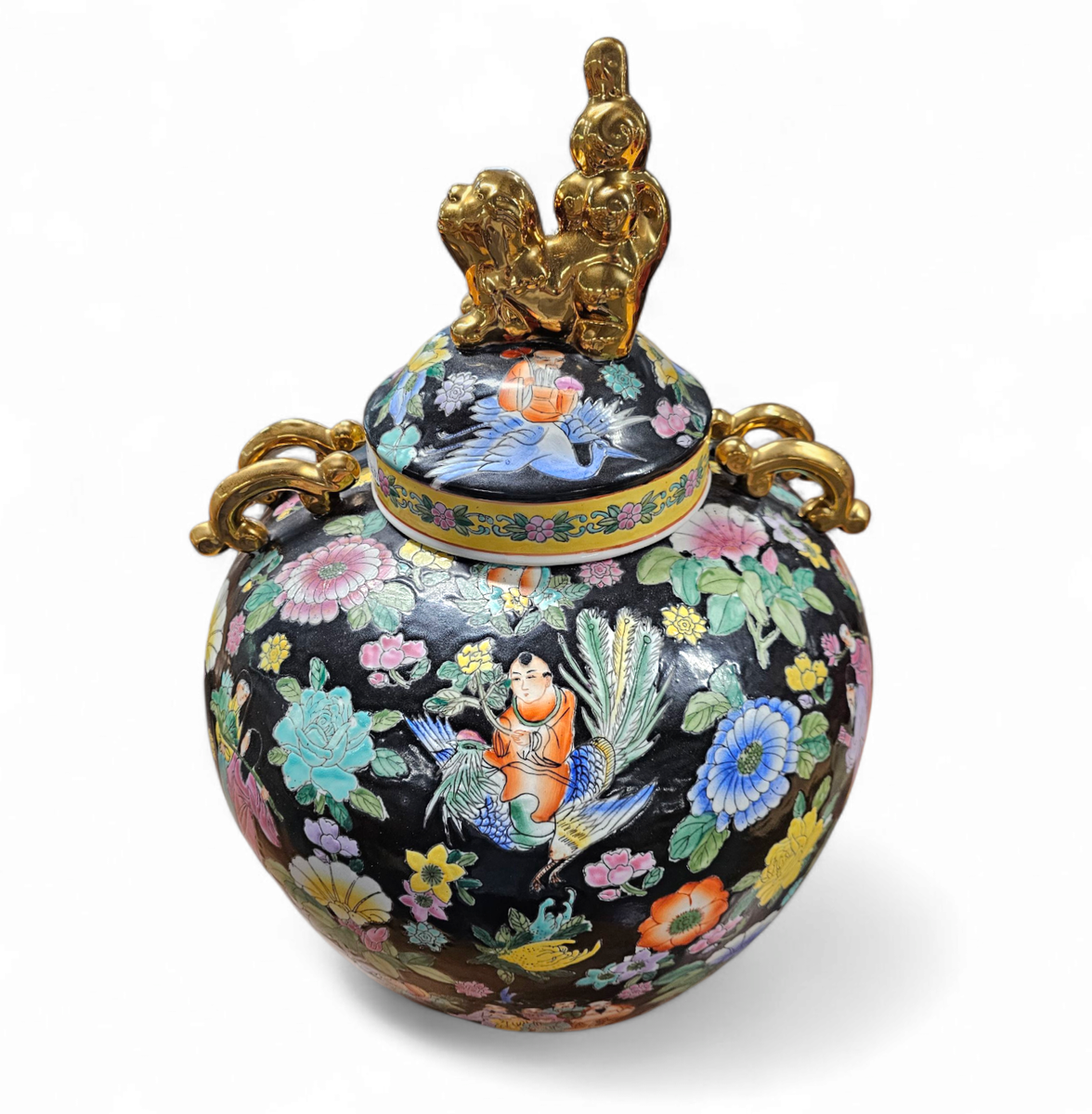 Large Famille Noir Chinese / Porcelain Ginger Jar / Hand Painted / Mille Fleur image 8