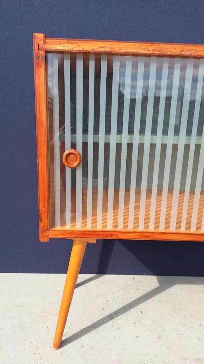 Vintage Kastje Met Schuifdeurtjes, Gestreept Glas, Kast image 3