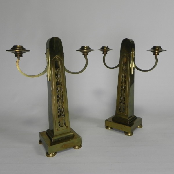 Set Van 2 Messing Art Nouveau Kandelaar, Rond 1910 image 4