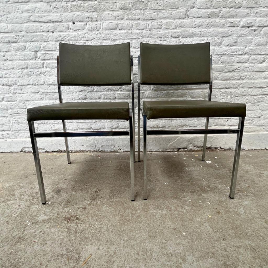 6x Midcentury Stoel Met Chromen Frame En (leger)groene Skai image 3