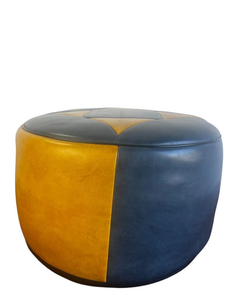 Vintage Patchwork Poef / Voetbank In Blauw - Geel image 4